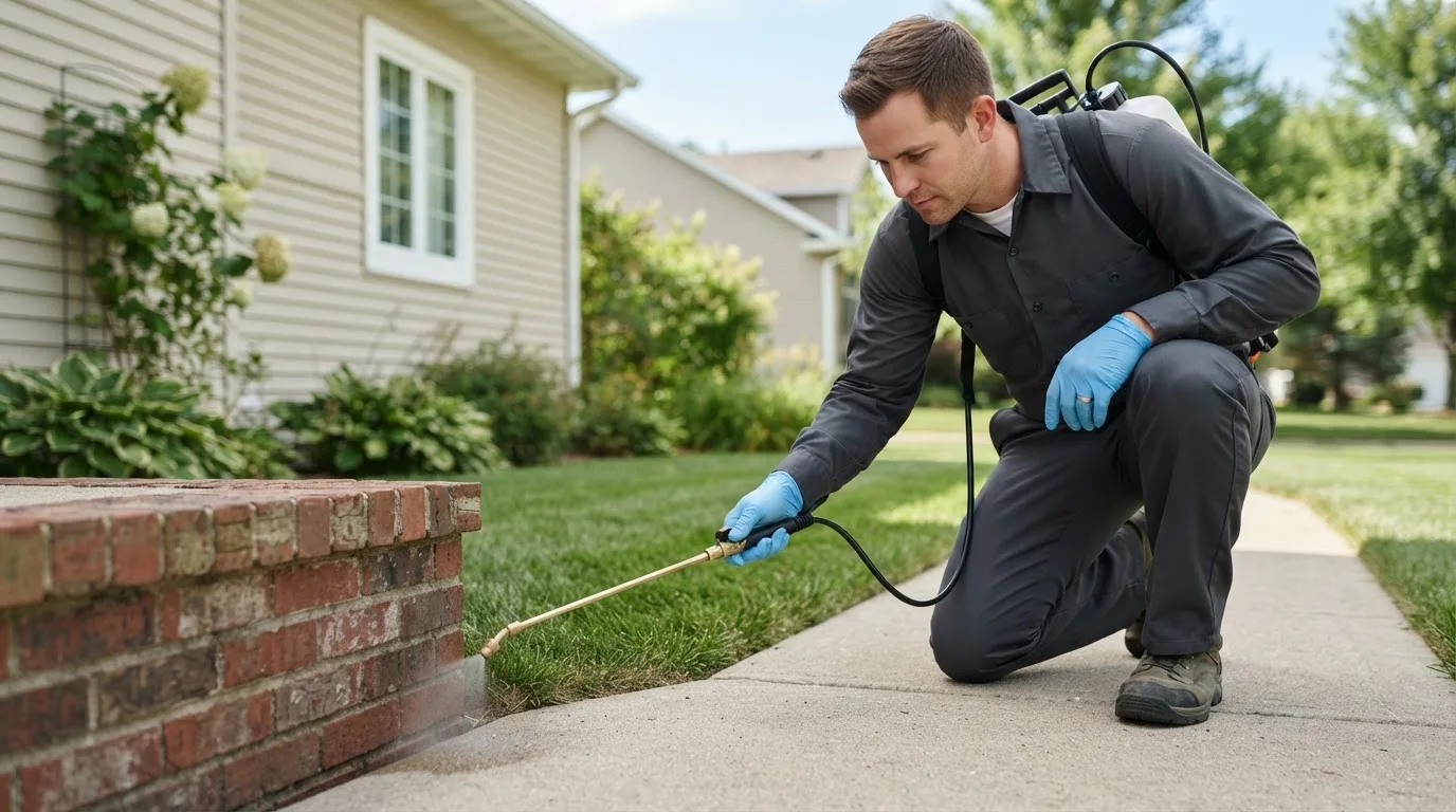 Pest control technician treating a home near Lowell, VT