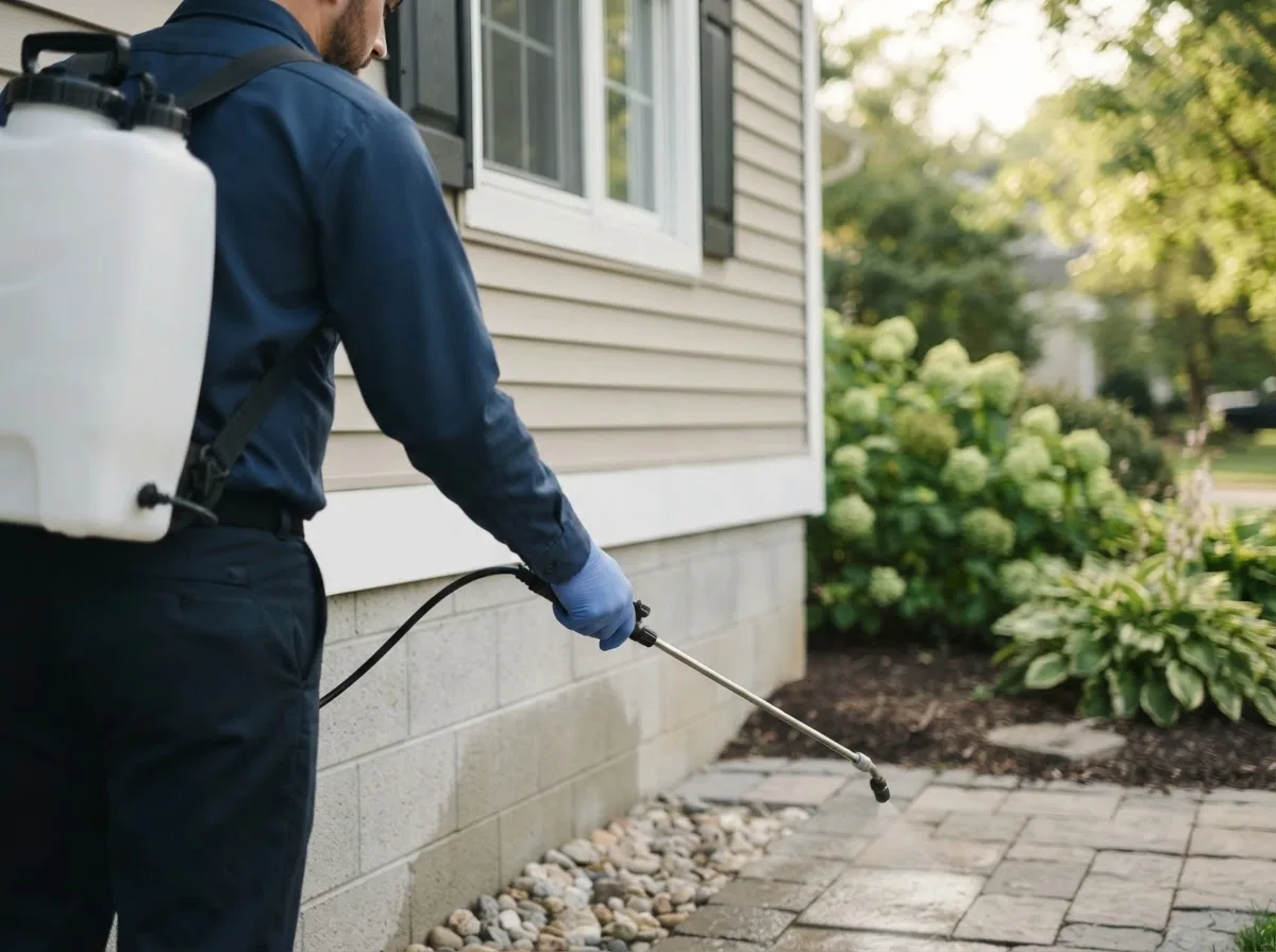 Pest control technician inspecting a home in Lowell, VT